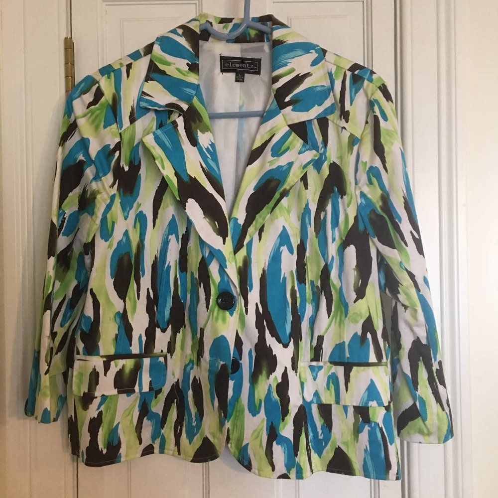 Elementz Brush Stroke Jacket Teal Black Mint Green Cotton Blazer Womens Large